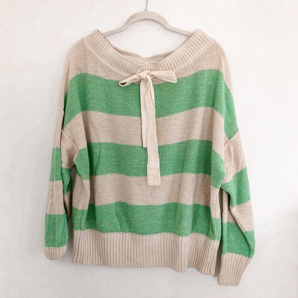 Free People Cream & Green Striped Oversized Cozy Knit Sweater - Picture 1 of 9